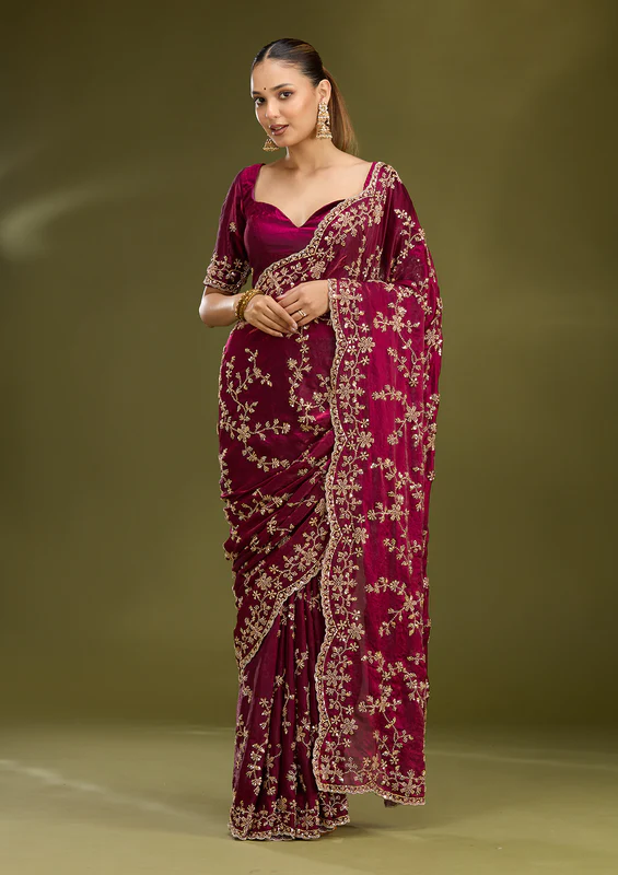 Wine Cutdana Tissue Saree